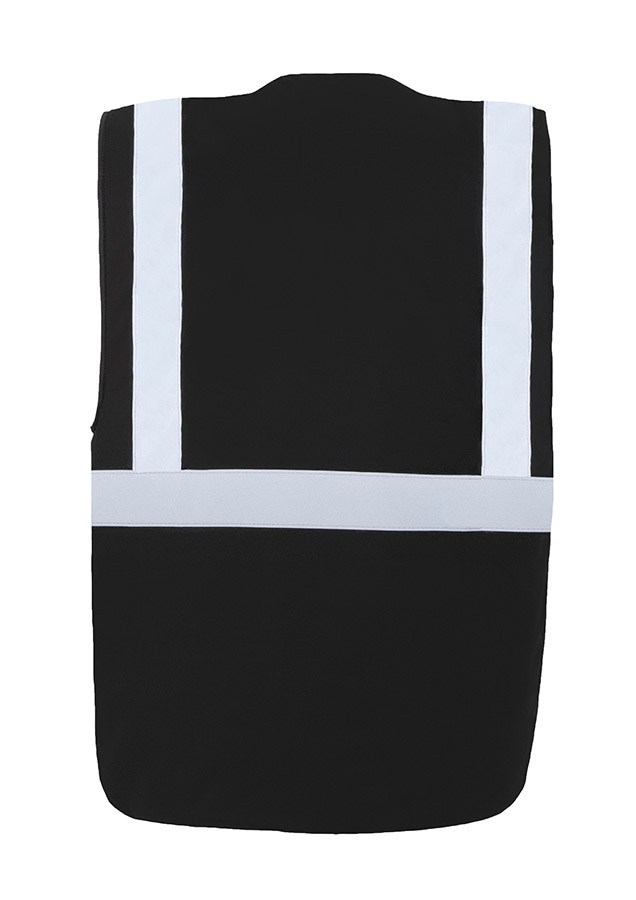 Gilet de sécurité confortable multifonctionnelle noire avec bandes réfléchissantes et fermeture éclair.