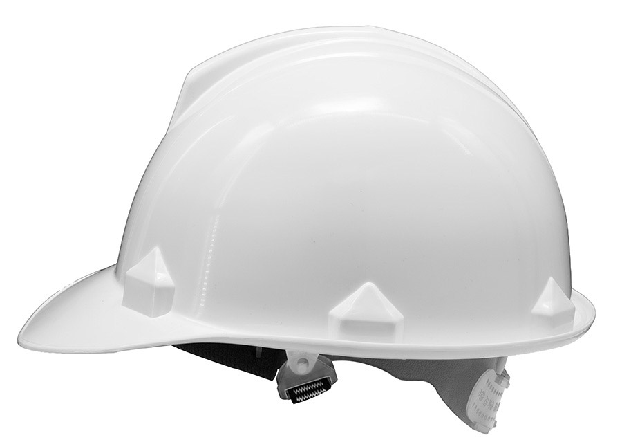 Basic Schutzhelm „Le Havre“ mit Regenrinne in robuster Einheitsgröße, zuverlässiger Baustellenhelm mit Adaptertaschen für Zubehör.