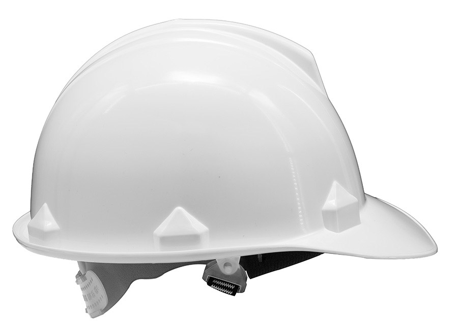 Basic Schutzhelm „Le Havre“ mit Regenrinne in robuster Einheitsgröße, zuverlässiger Baustellenhelm mit Adaptertaschen für Zubehör.