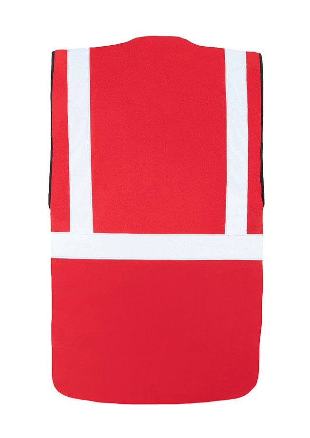Veste de sécurité confortable multifonctionnelle rouge avec bandes réfléchissantes et fermeture éclair.