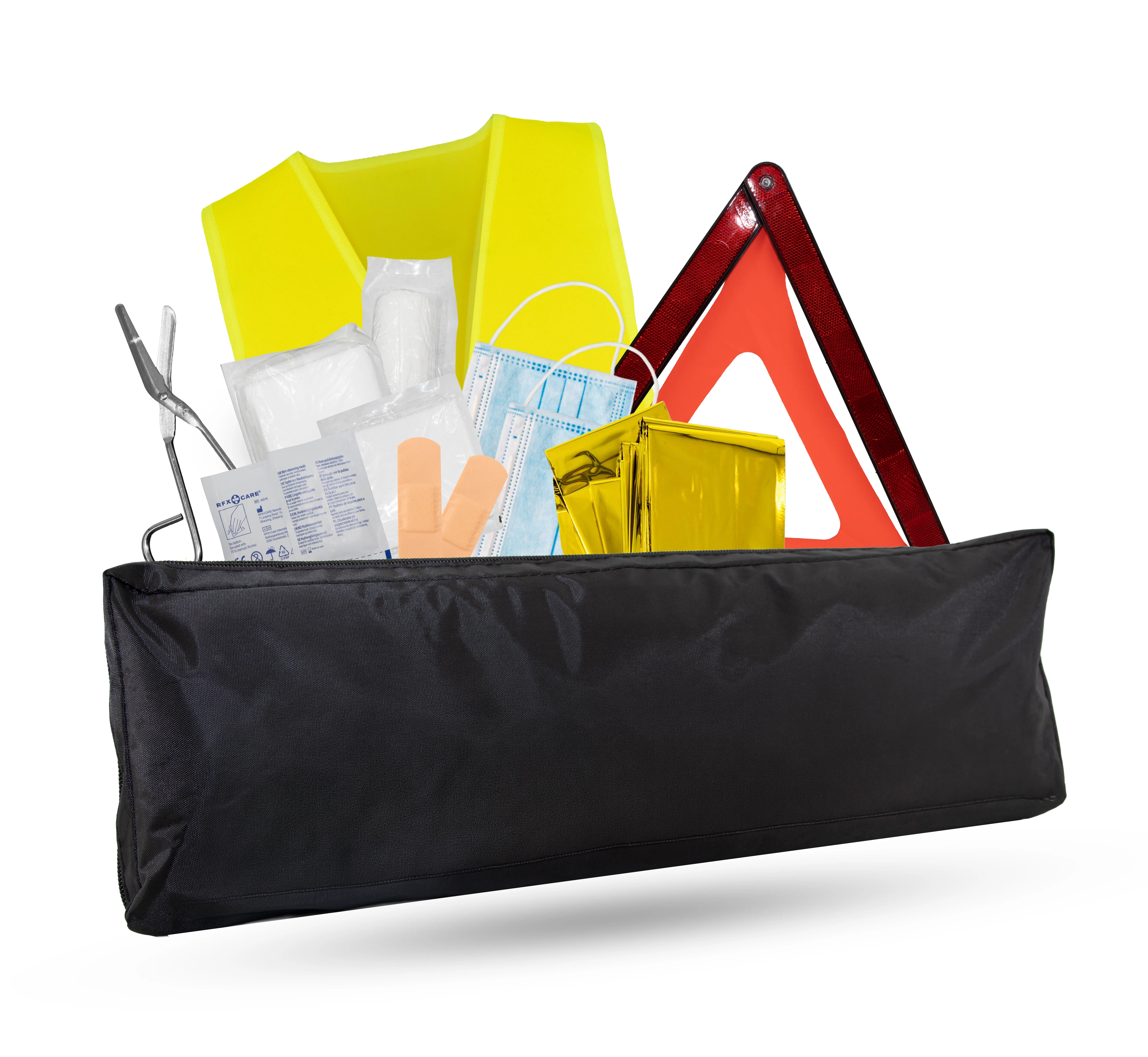 Auto-Verbandskasten, Warnwesten-Set, Warndreieck, Erste-Hilfe-Set, schwarze Tasche
