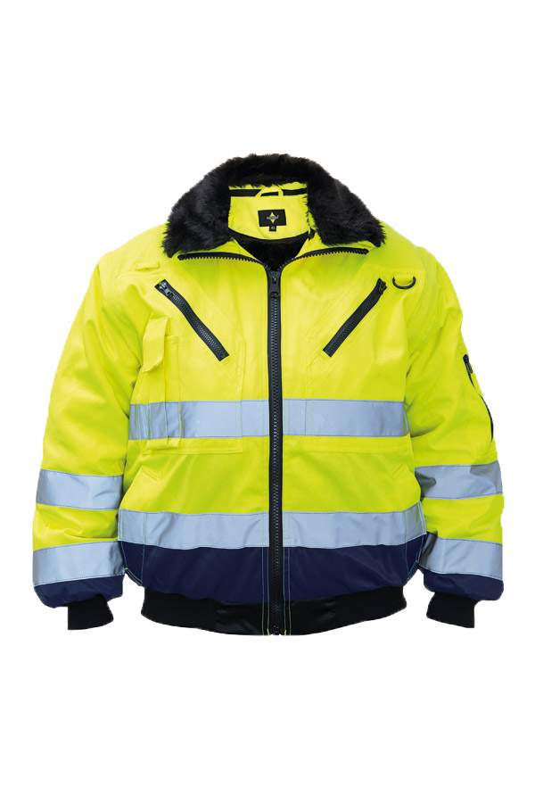 Ein Mann in einer signalgelb-schwarzen Korntex-Pilotenjacke steht vor einem Gebäude, High-visibility, Hooded jacket, Reflective stripes, Faux fur collar, Two-tone
