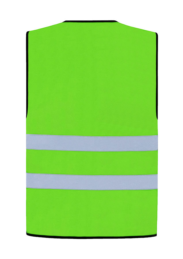 Erwachsener in gelber Korntex Warnweste mit Klettverschluss und schwarzem Saum steht auf einer Baustelle.