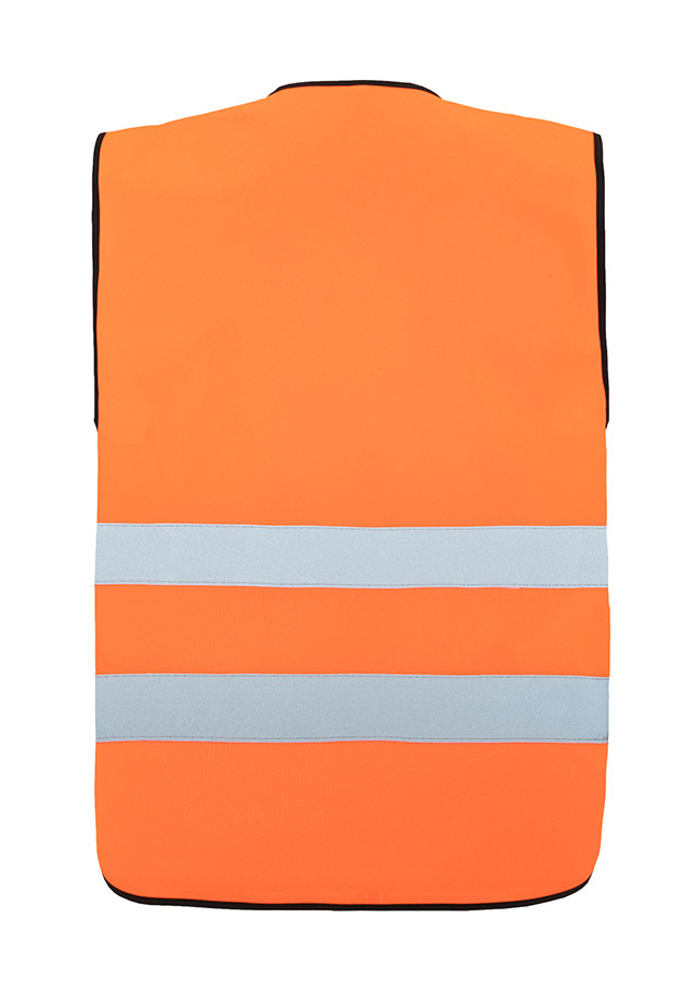 Erwachsener in gelber Korntex Warnweste mit Klettverschluss und schwarzem Saum steht auf einer Baustelle.